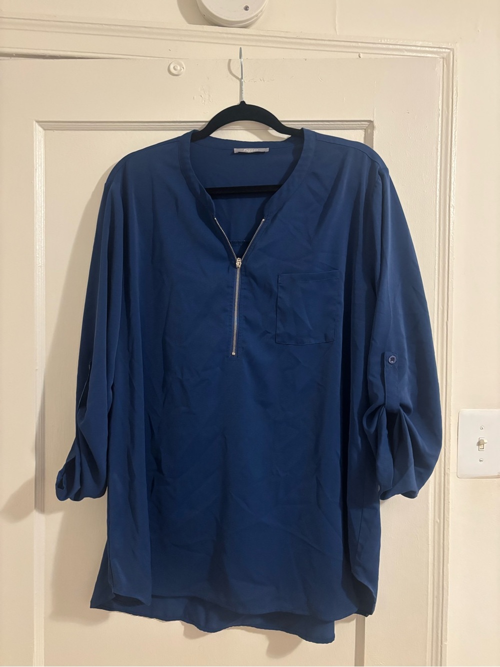 Women's Navy Long-Sleeve Zip-Front Blouse